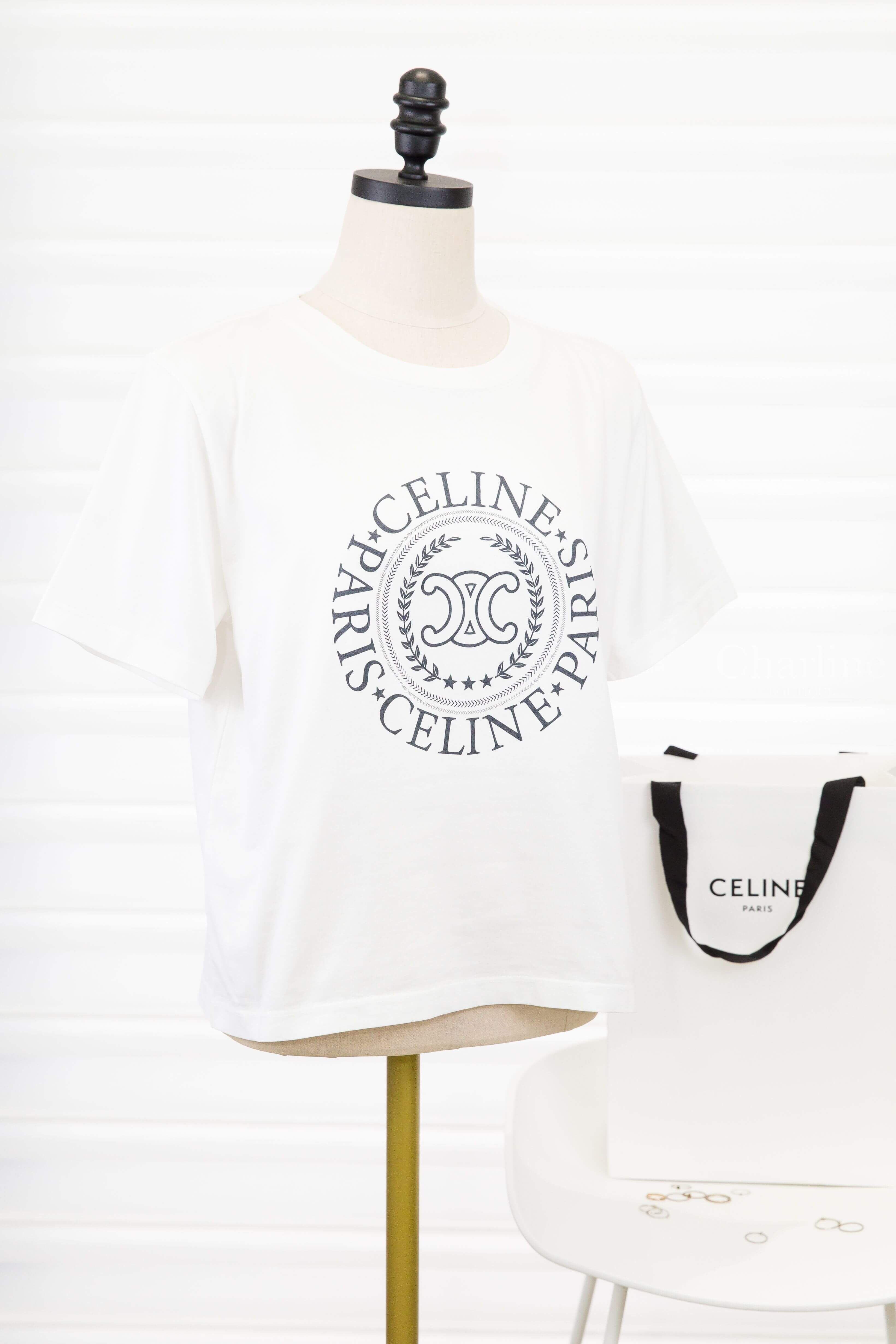 Celine Celine Boxy T-shirt In Cotton Jersey 白底藍黑色簍空圓型麥穗凱旋門字母 Logo 短袖棉T-Charline Boutique 精品代購