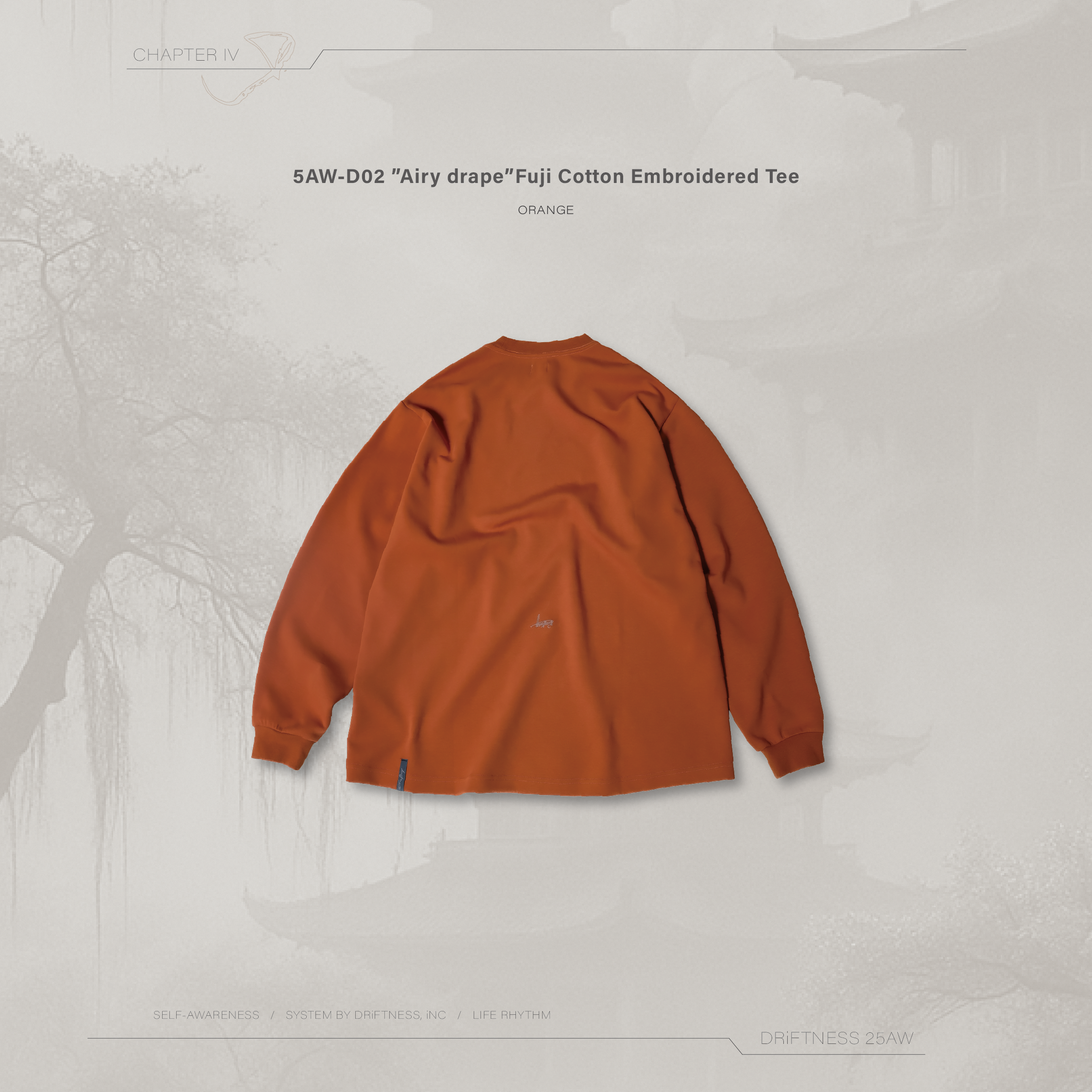 DRiFTNESS｜5AW-D02 ”Airy drape” 空氣感富士棉刺繡薄長袖-Orange