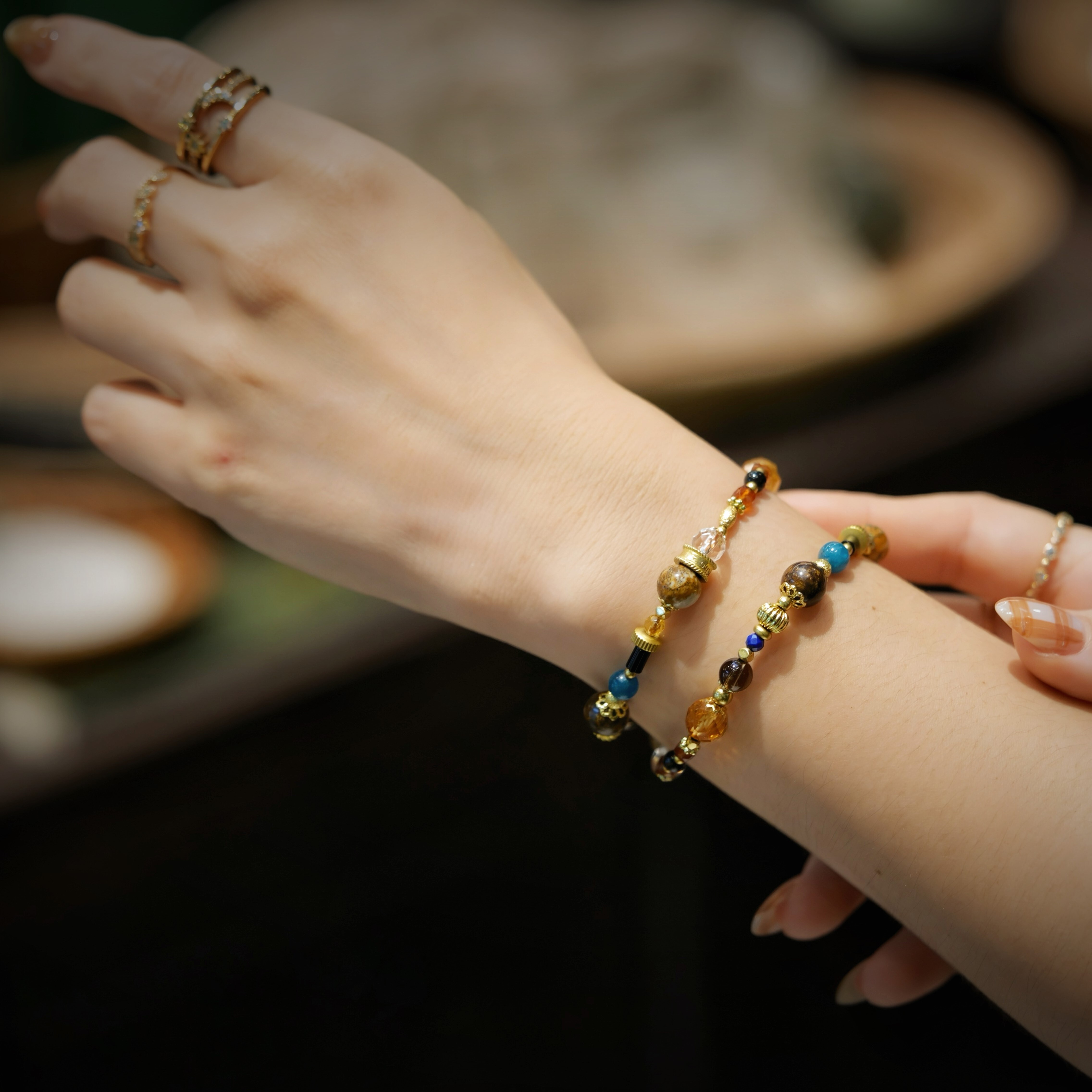 十年寒窗｜木化石金銅石黃水晶雙圈手鍊 C1742