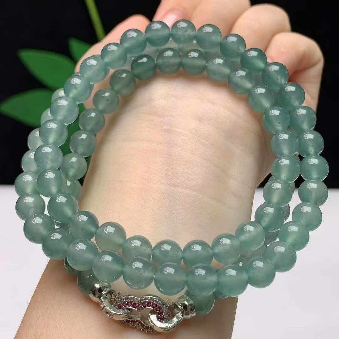 翡翠冰藍水珠鏈 (7.3mm直徑),天然翡翠A玉, 緬甸玉, Jade, Jadeite