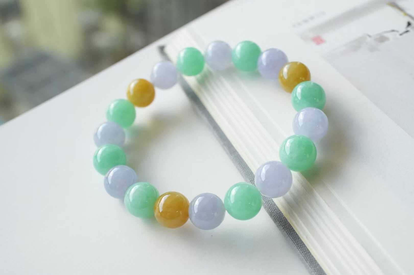 翡翠冰三彩圓珠手鏈 (10mm直徑),天然翡翠A玉, 緬甸玉, Jade, Jadeite