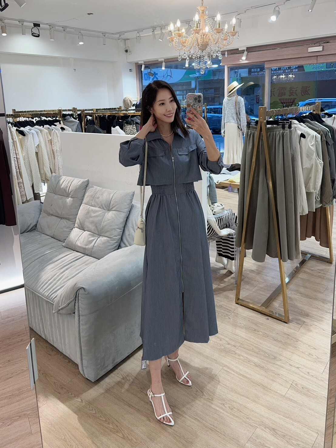 B10043 -優雅風衣式拉鍊連身縮腰洋裝