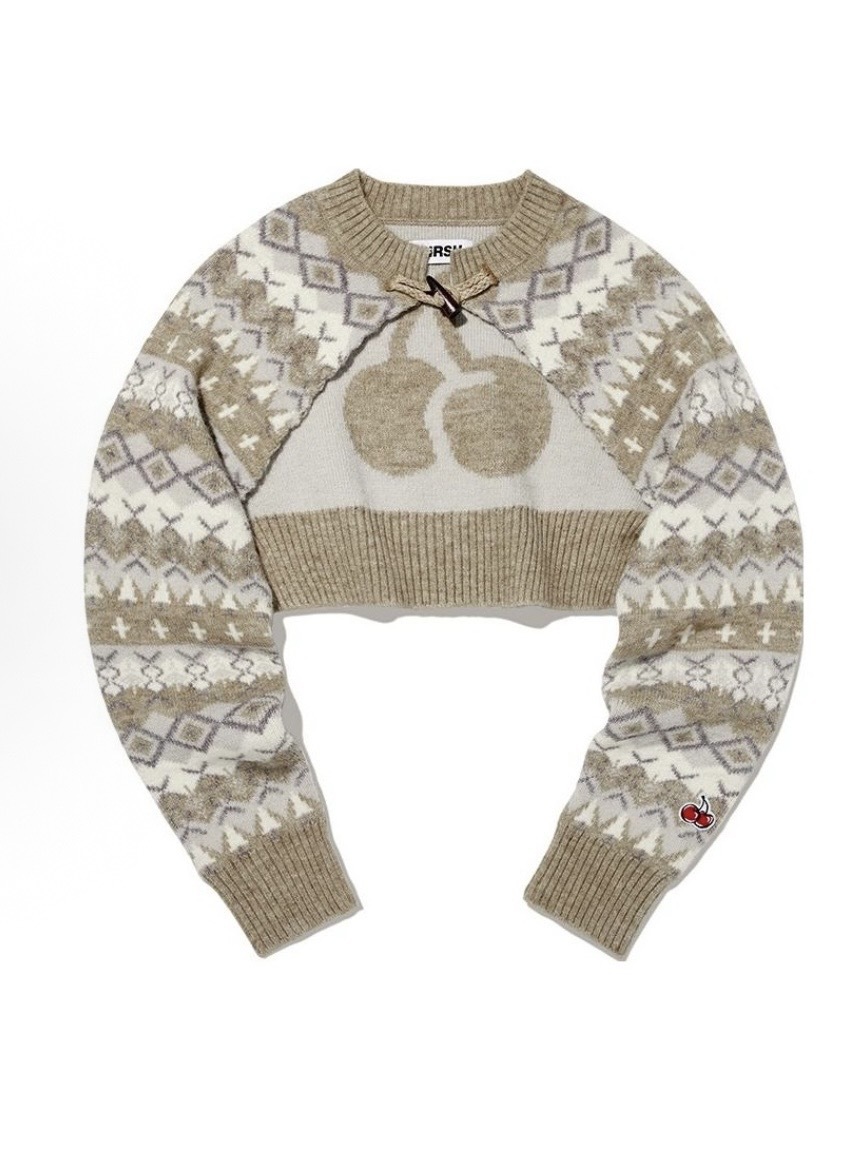 KIRSH FW23 櫻桃幾何圖案長袖短款針織衫