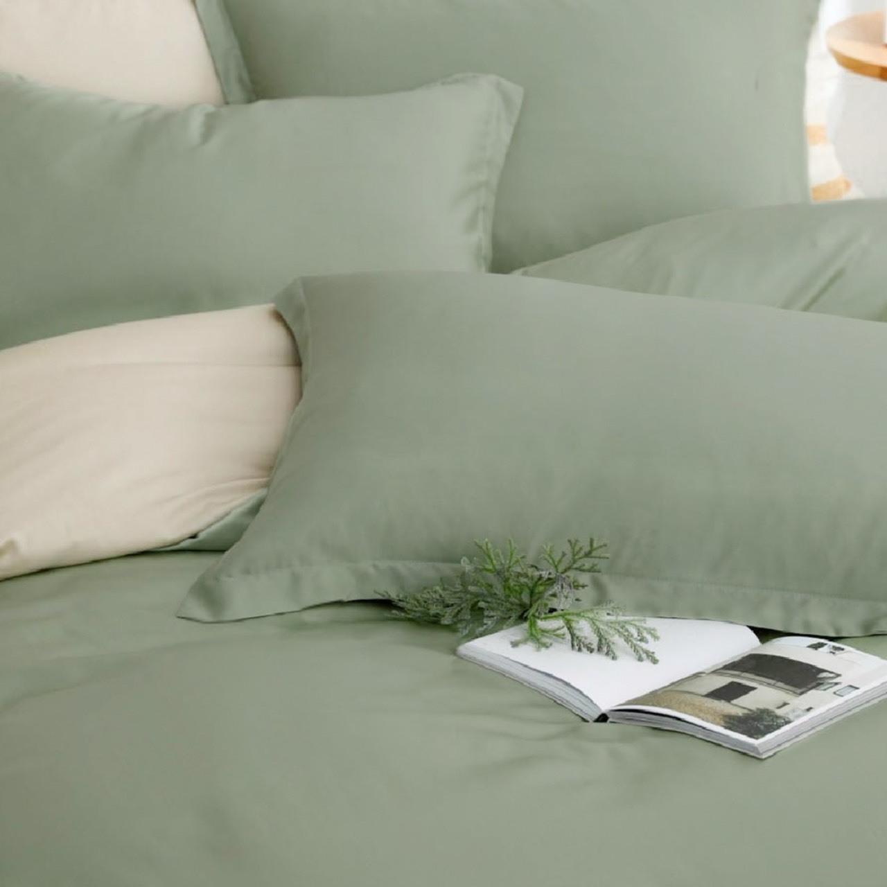 60支天絲薄枕頭套 | 迷霧綠 x 奶茶