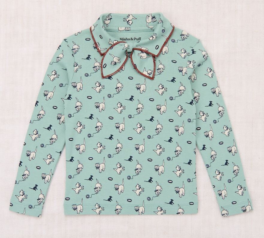 Misha & Puff 滾邊領結長袖上衣 Junior Scout Top - Sage Cat & Mouse