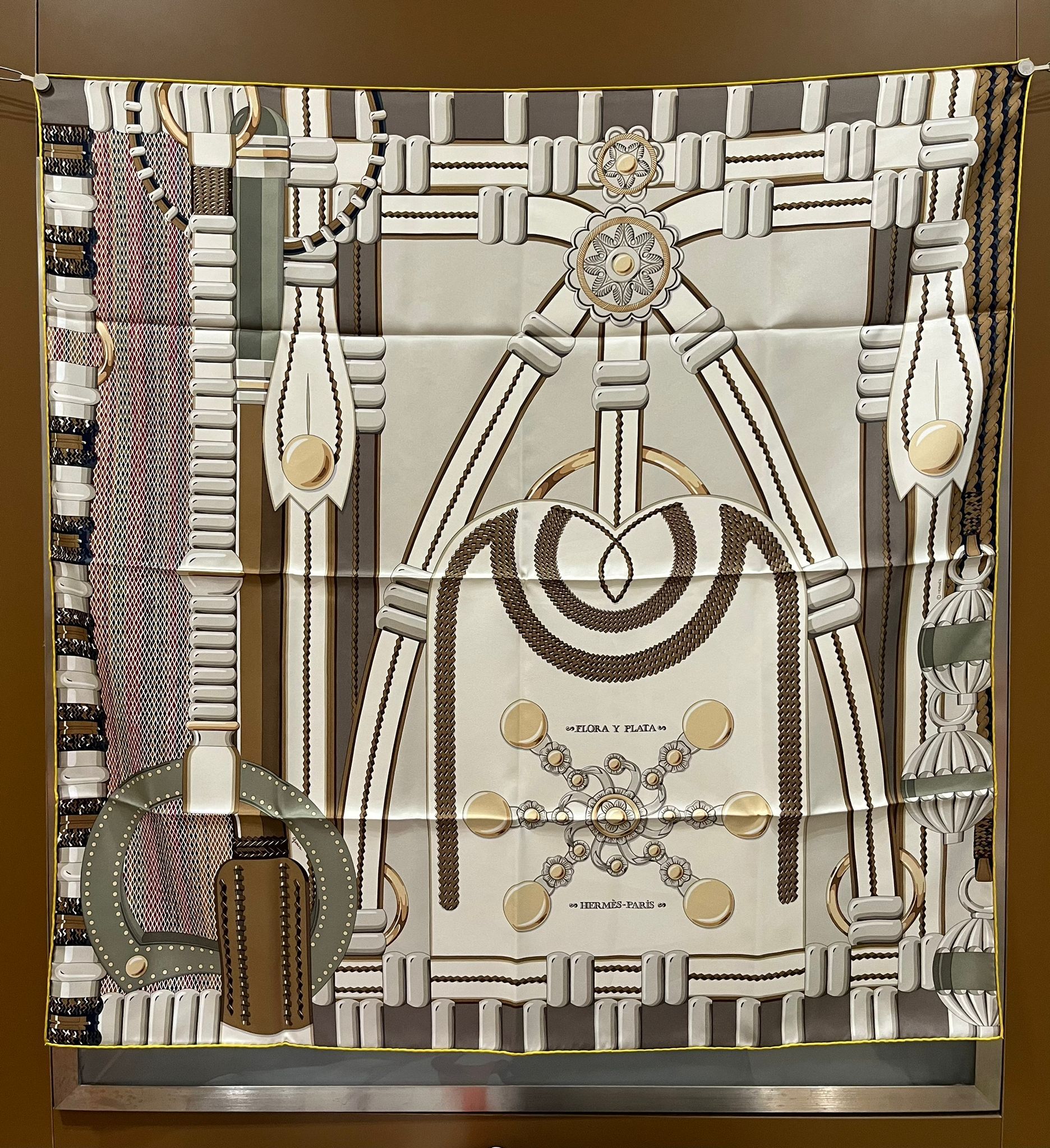 Flora y plata scarf 90 100%soie creme / etoupe/kaki