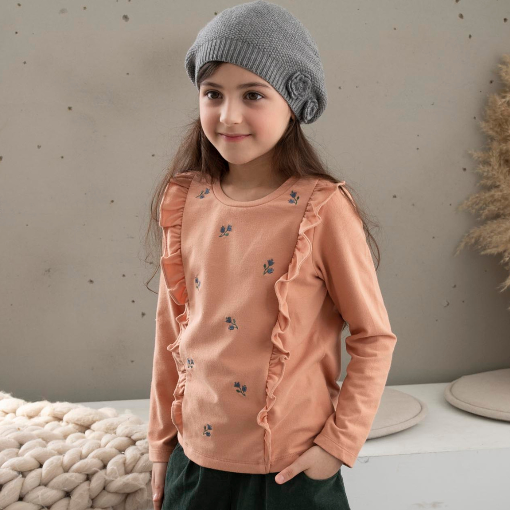 PIPPY 活潑荷葉邊圓領長袖上衣 粉橙