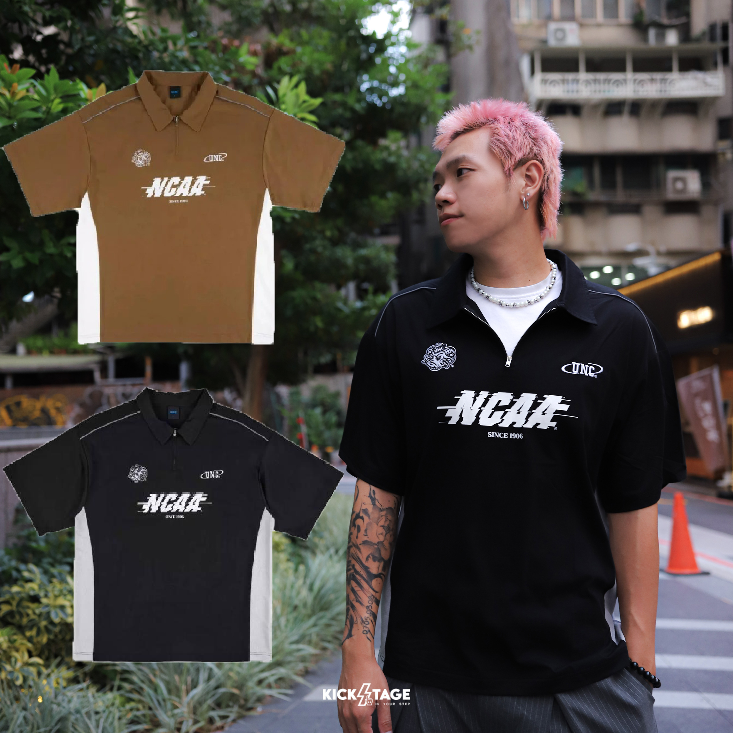 NCAA POLO 黑色 棕色 拉鍊 落肩 拉克蘭袖 拼接 POLO衫【74251320】