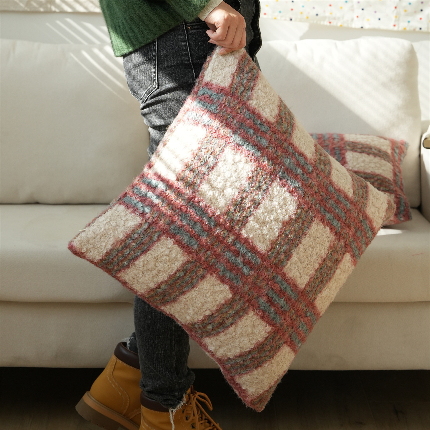 《6291》北歐紅藍格紋羊圈絨方形抱枕