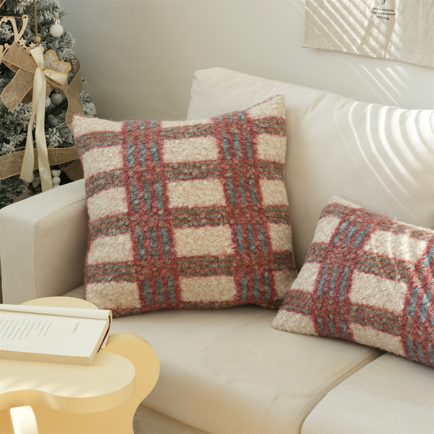 《6291》北歐紅藍格紋羊圈絨方形抱枕