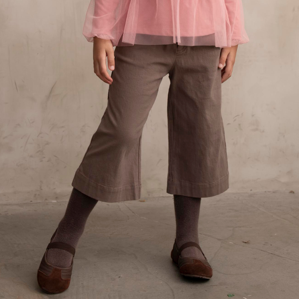 PIPPY 舒適刺繡7分棉麻寬口長褲 棕
