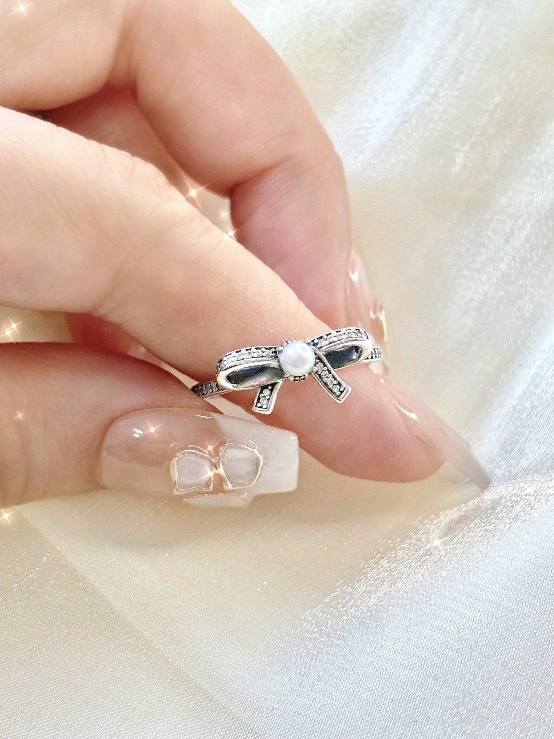 PANDORA 潘多拉 珍珠蝴蝶結 925銀 戒指