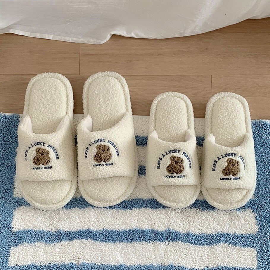 《6295》韓式情侶小熊毛毛居家秋冬拖鞋