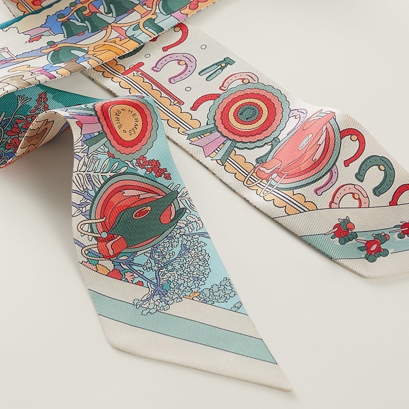 HERMES Pony Pit Stop Twilly crème / rose / vert