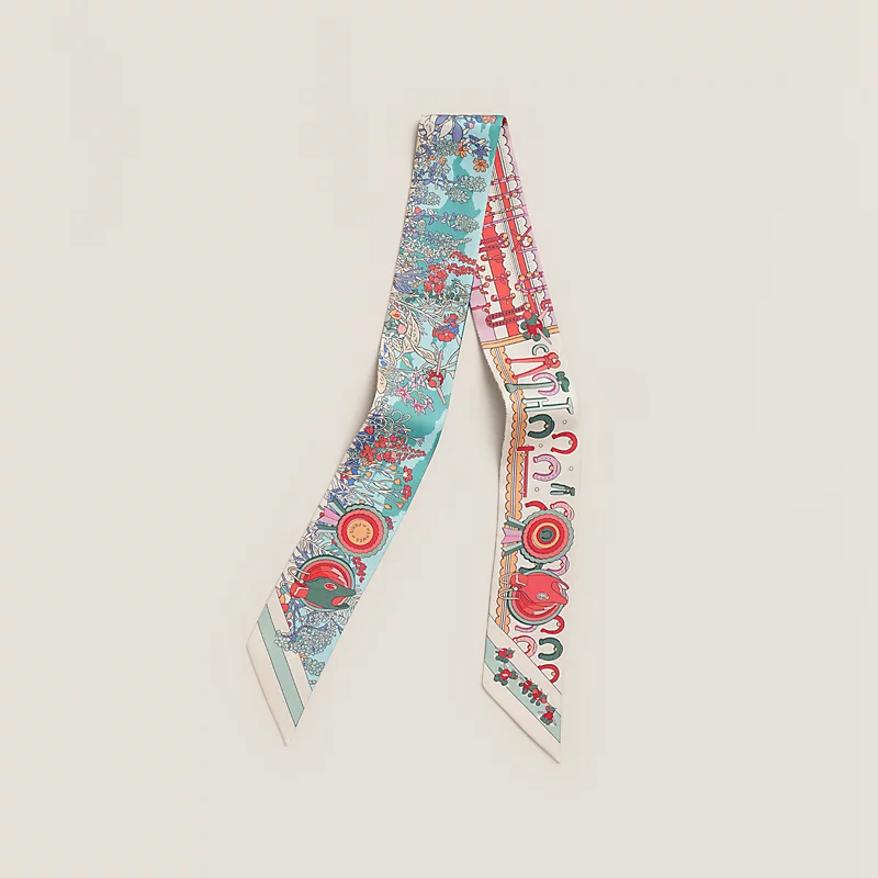 HERMES Pony Pit Stop Twilly crème / rose / vert