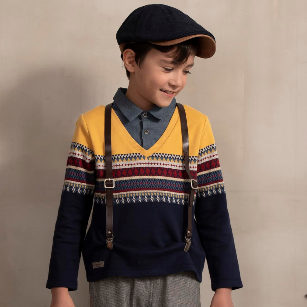 PIPPY 復古緹花假兩件翻領圓領長袖上衣 藍