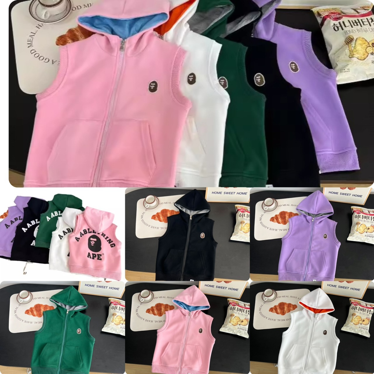 兒童背印猿人頭拼色連帽開胸背心 -2502469