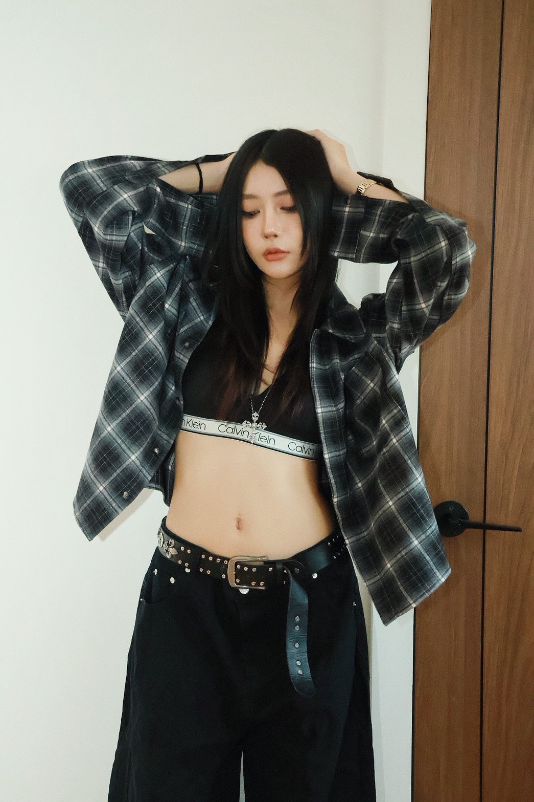 格紋 翻領 鈕扣 單口袋 長袖 #襯衫