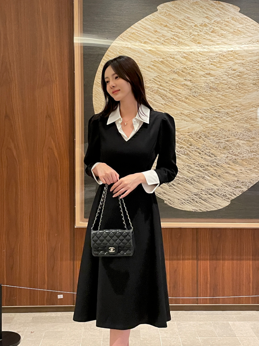 Ursula 襯衫拼接後綁A字洋裝 [ 2色 / Free ]