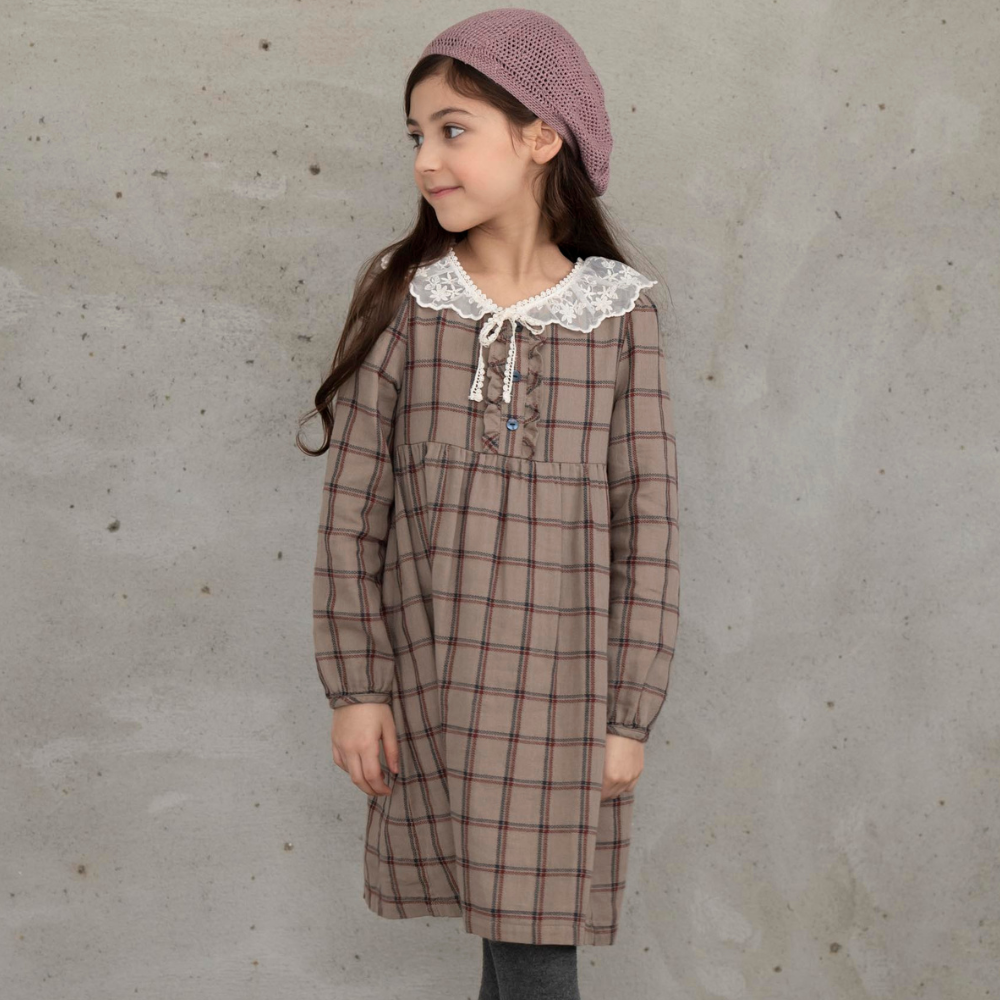 PIPPY 經典格紋純棉連身裙洋裝 卡其