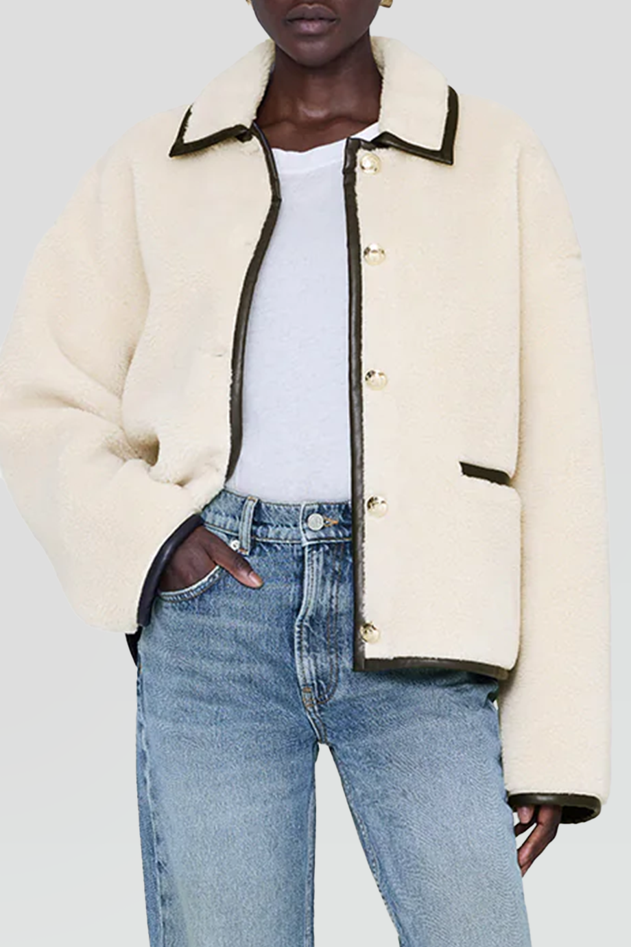 Anine Bing｜CAMDEN 翻領皮革飾邊毛絨外套