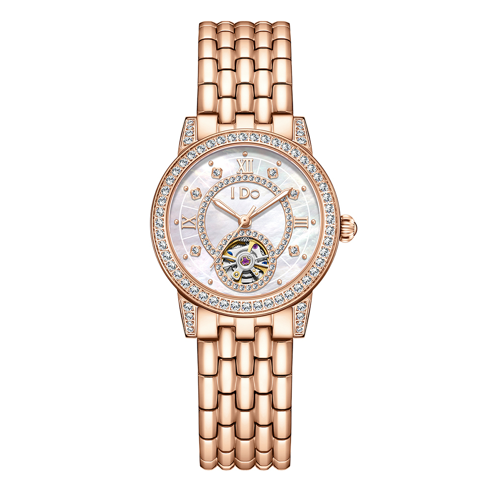【I DO】IDO803M 珍珠母貝錶面 雙面鏤空 爪鑲晶鑽 夜光 不鏽鋼 女款 手錶