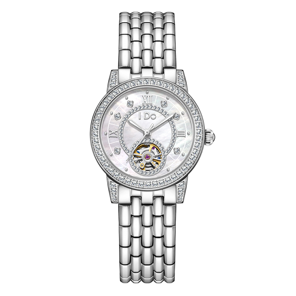 【I DO】IDO803M 珍珠母貝錶面 雙面鏤空 爪鑲晶鑽 夜光 不鏽鋼 女款 手錶