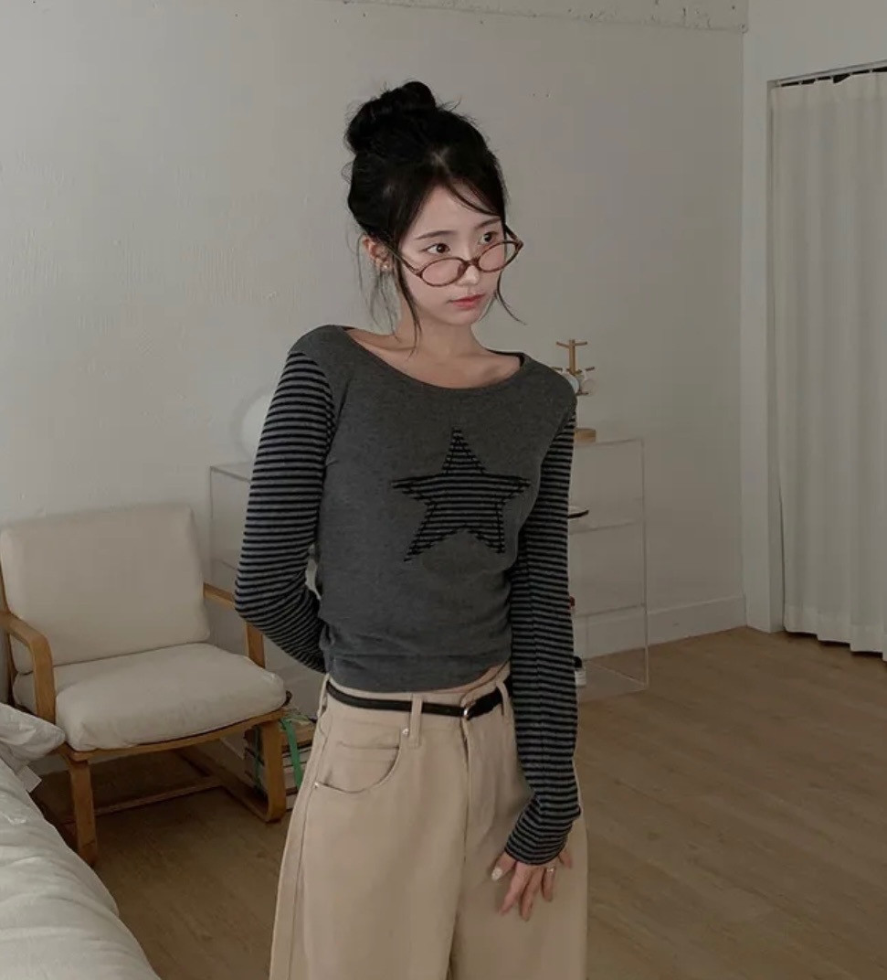 【優惠價預訂】韓國星星間條長袖TEE（2色）