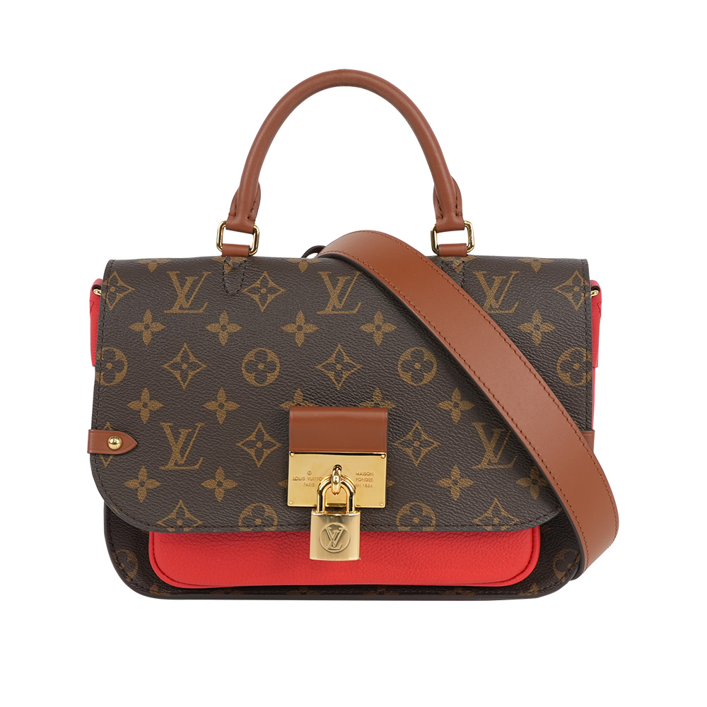【Louis Vuitton】Vaugirard 鎖頭設計帆布及牛皮二用包(棕色/紅色)