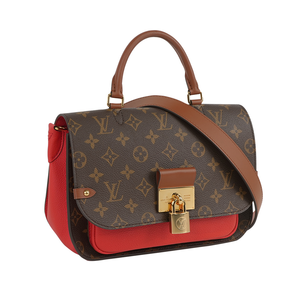 【Louis Vuitton】Vaugirard 鎖頭設計帆布及牛皮二用包(棕色/紅色)