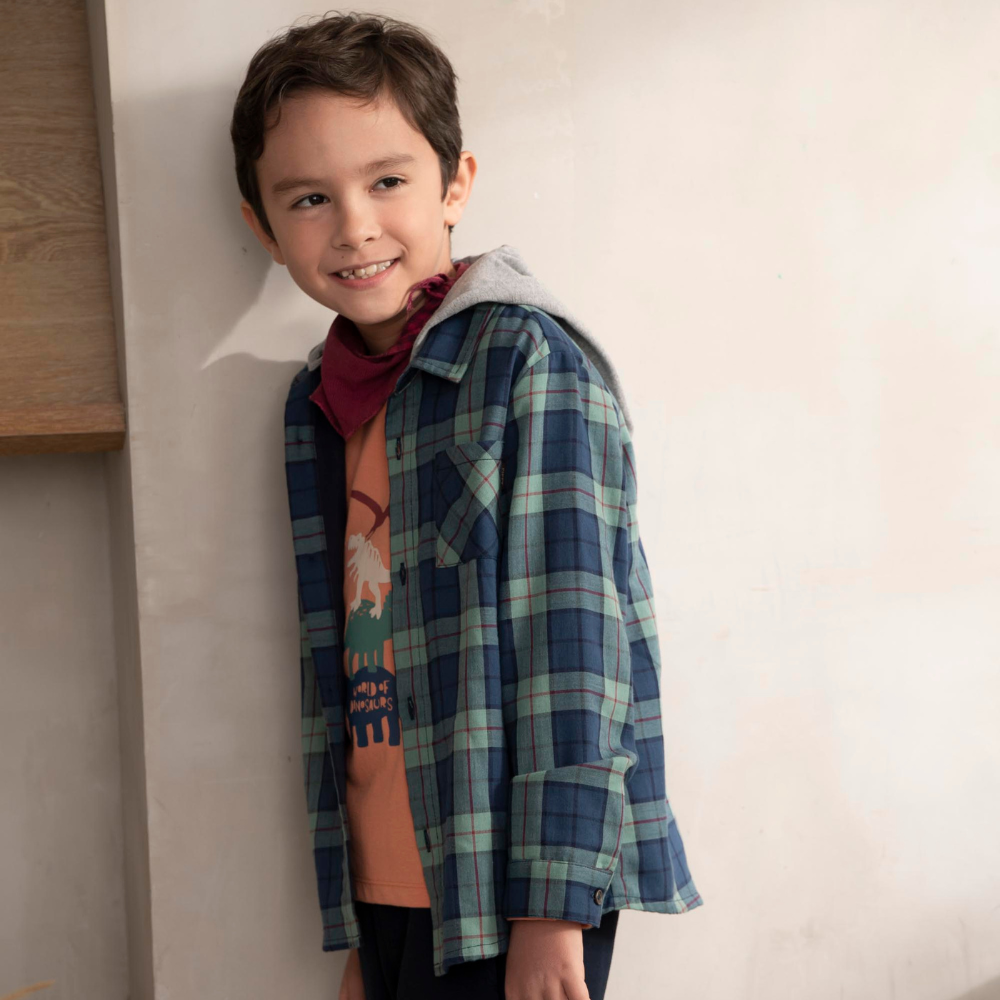 PIPPY格紋純棉襯衫式 連帽長袖外套 藍