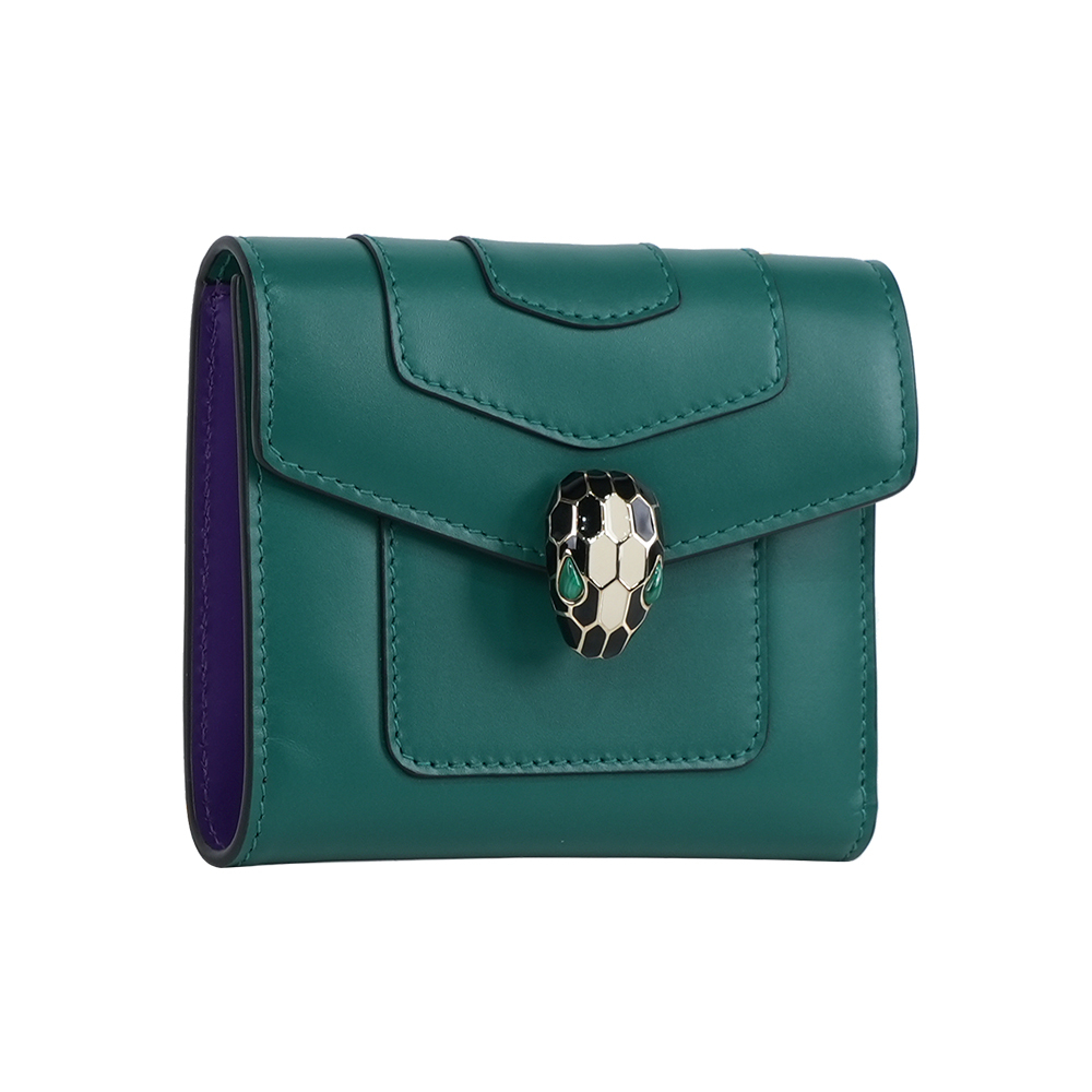 【BVLGARI】Serpenti Forever 蛇頭小牛皮三折短夾(祖母綠)