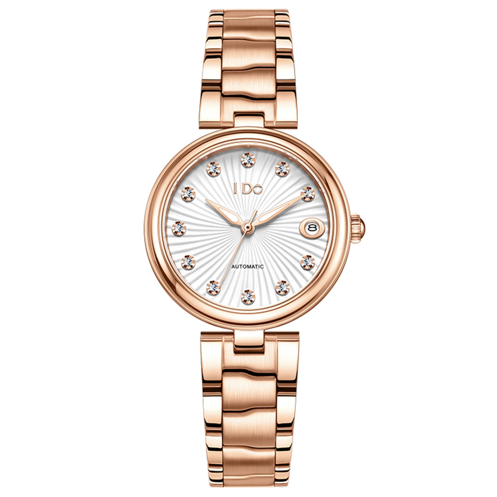 【I DO】IDO805M 放射狀錶盤 雙面鏤空 晶鑽時標 夜光 日期顯示 不鏽鋼 女款 手錶