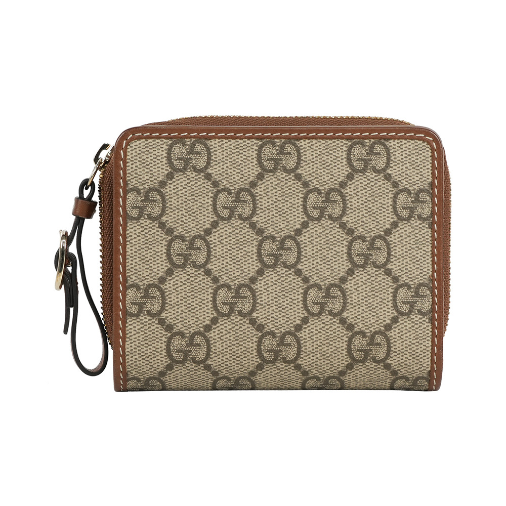 【GUCCI】GG Emblem 塗層帆布及皮革迷你拉鍊零錢袋短夾(米色/棕色)