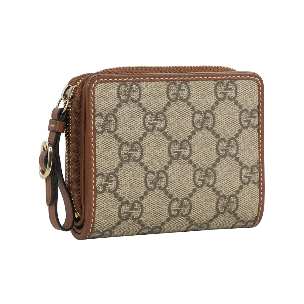 【GUCCI】GG Emblem 塗層帆布及皮革迷你拉鍊零錢袋短夾(米色/棕色)