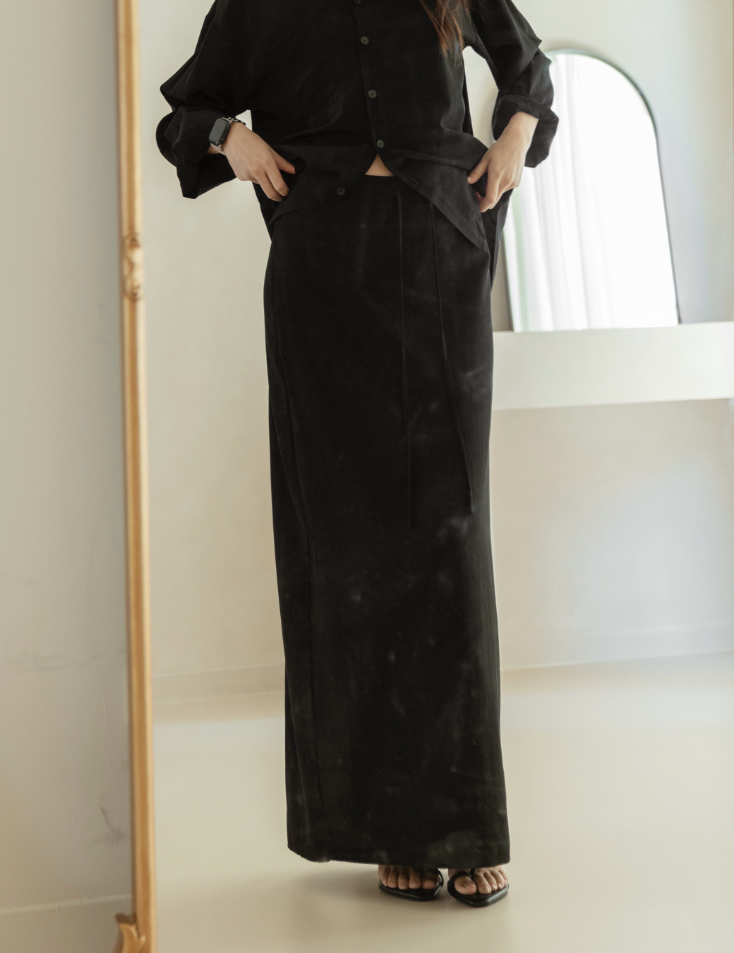 後鬆緊直筒長裙（黑色/3尺寸）