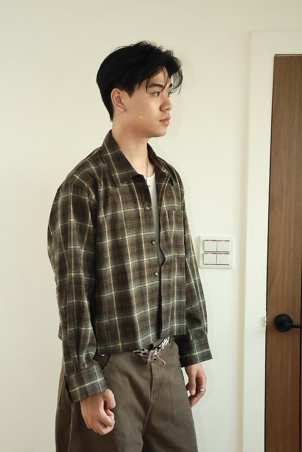 格紋 翻領 鈕扣 單口袋 長袖 #襯衫