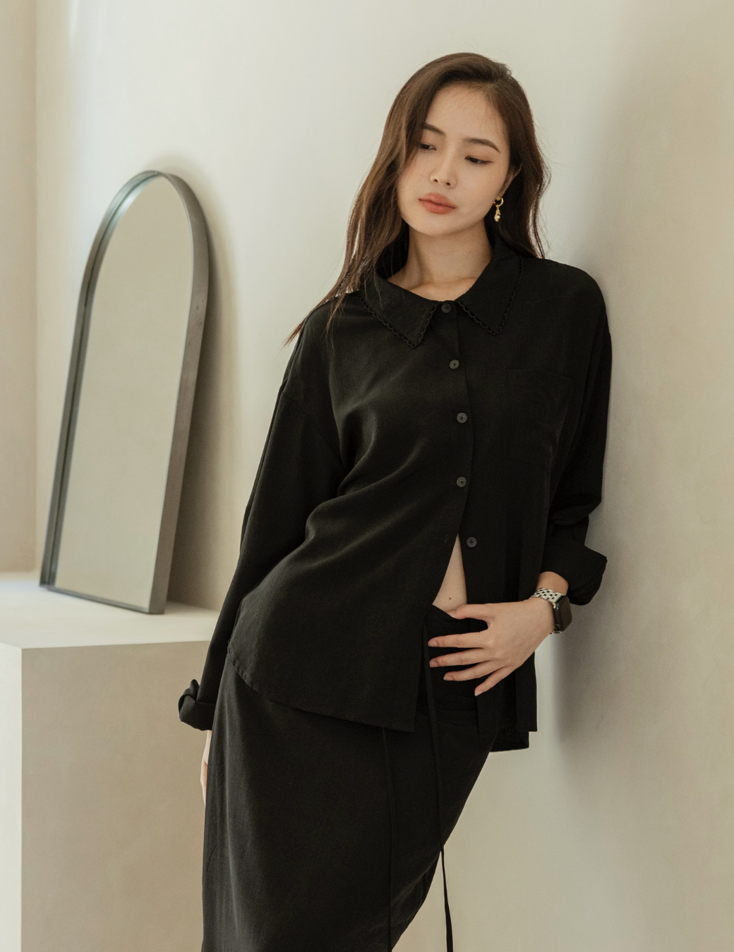 領片花邊設計襯衫（黑色）