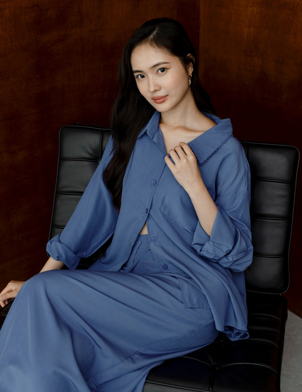 領片花邊設計襯衫（藍色）