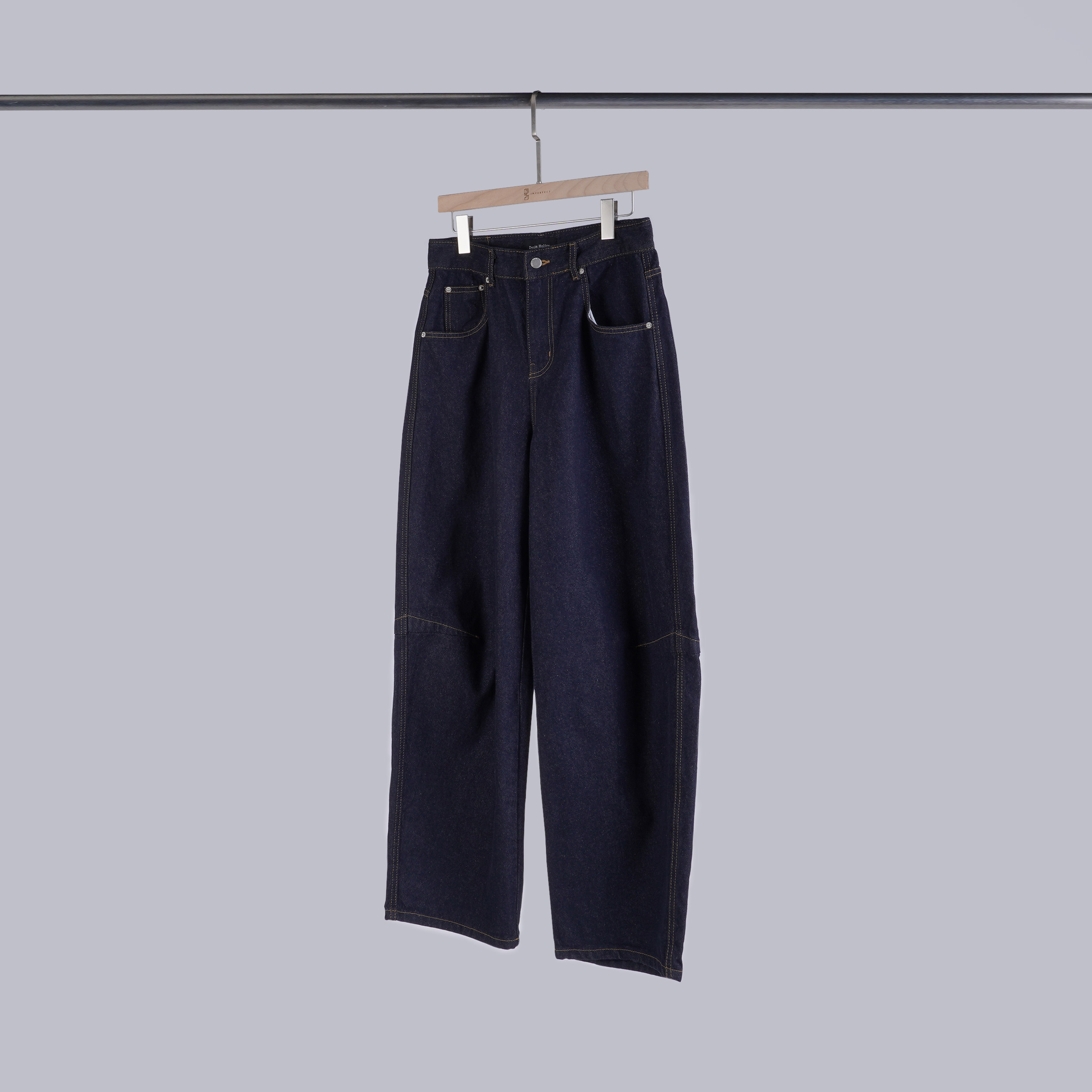 車線感拼接牛仔寬褲 | S-L | 深藍