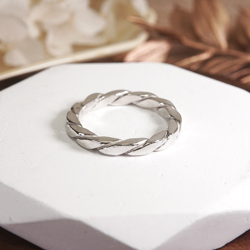 方晶格 寬麻花戒 銀白 925純銀戒指 男生戒指