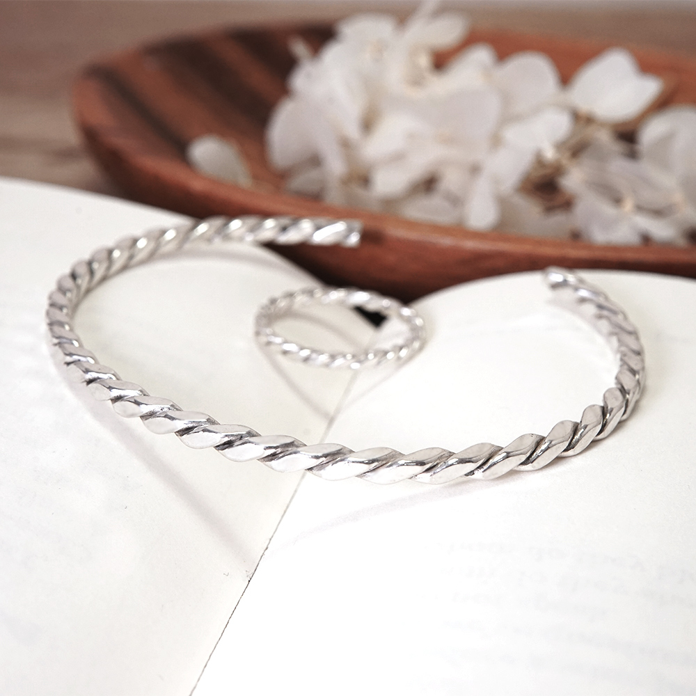 方晶格 麻花手環 銀白 925純銀手環 開口式 C型手環