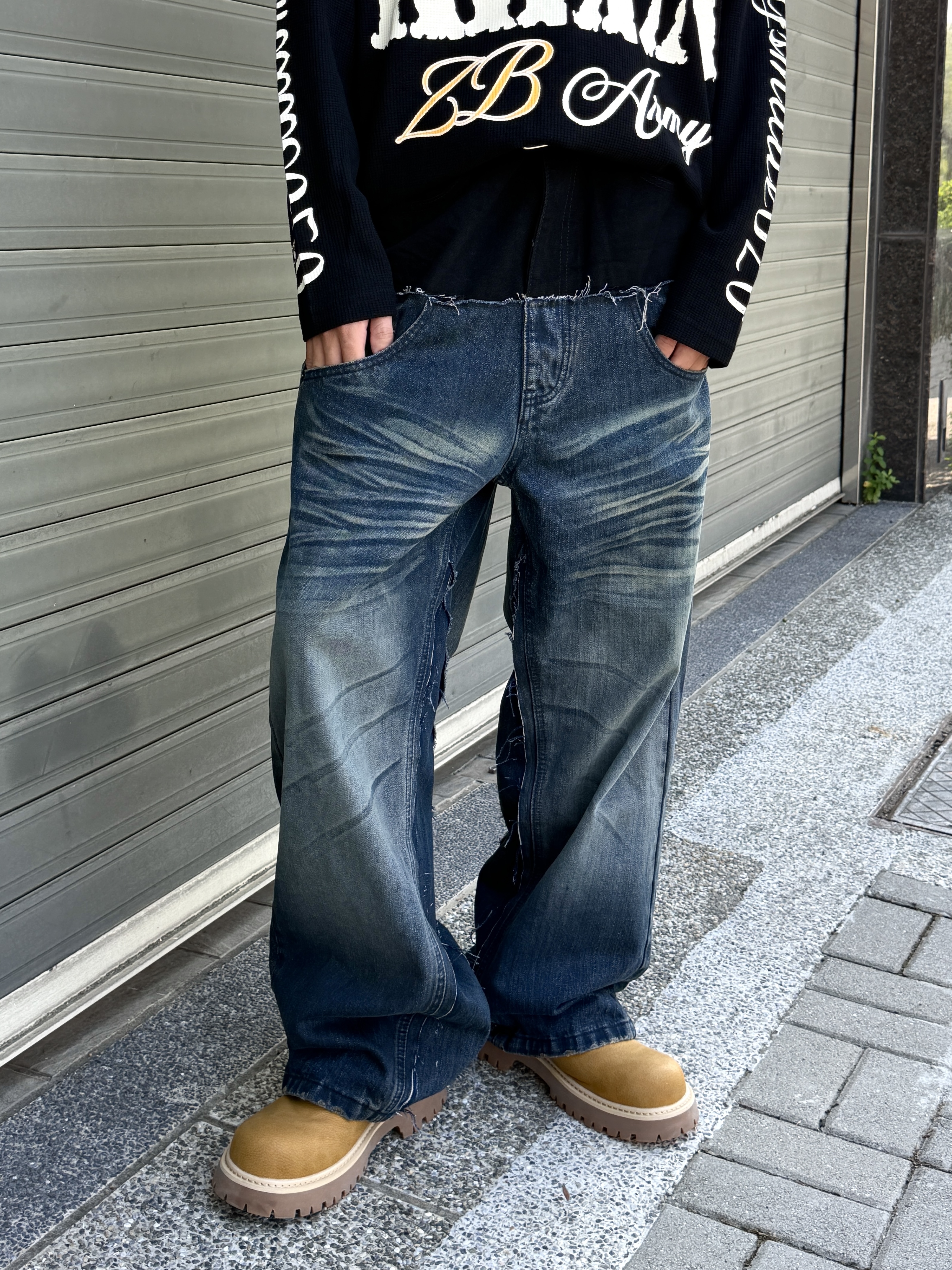 SAGGING 露褲頭 假兩件 牛仔褲