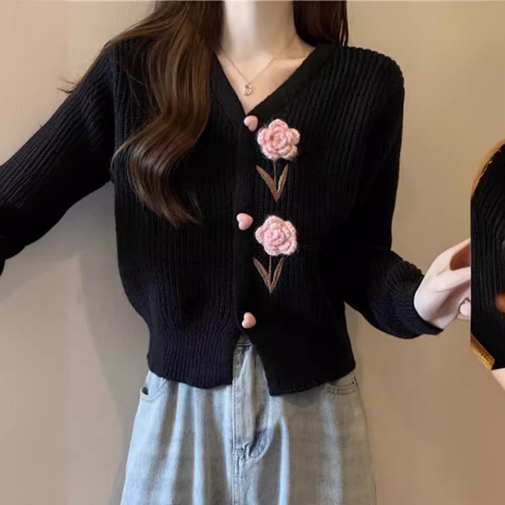 Vintage Floral Embroidered Tweed Knit Cardigan