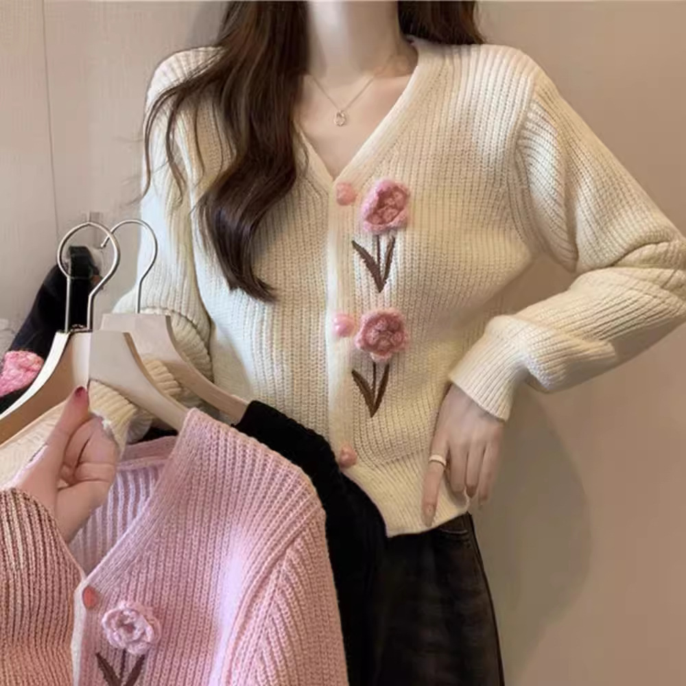 Vintage Floral Embroidered Tweed Knit Cardigan