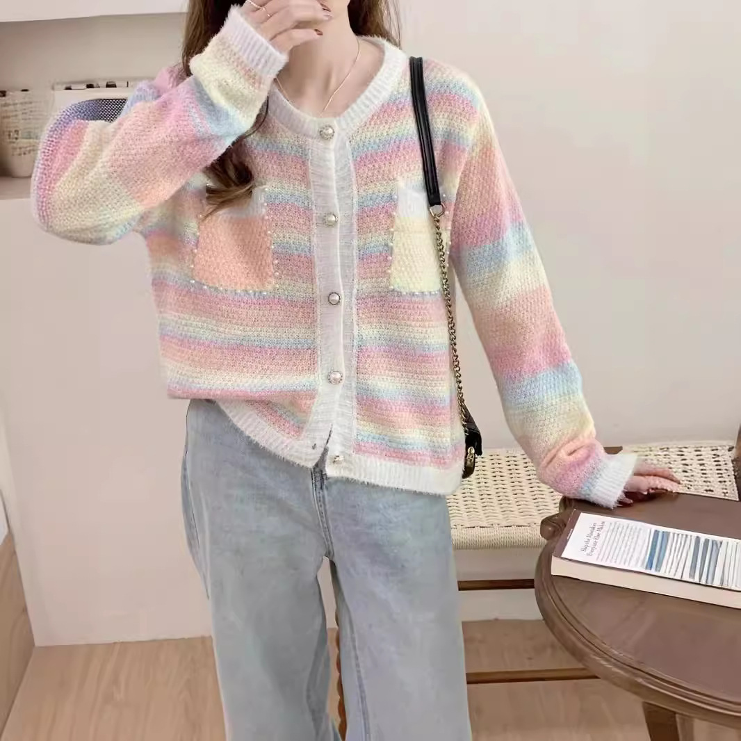 French Gradient Stripe Pearl Knit Cardigan
