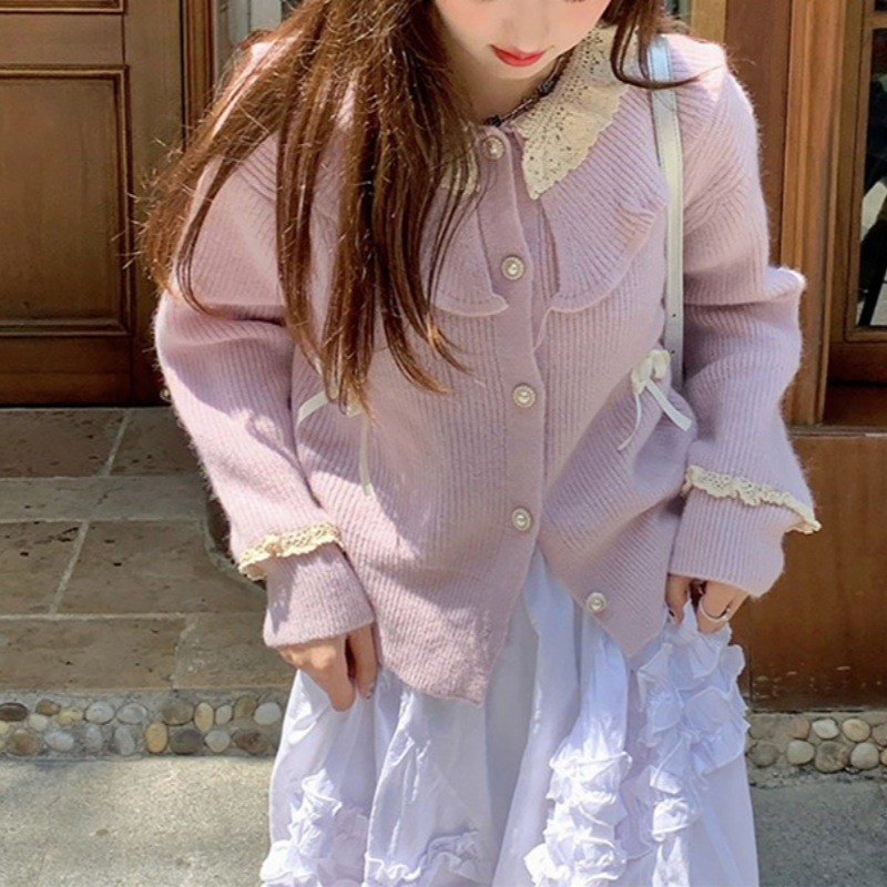 Korean Sweet Lace Trim Peter Pan Collar Knit Cardigan