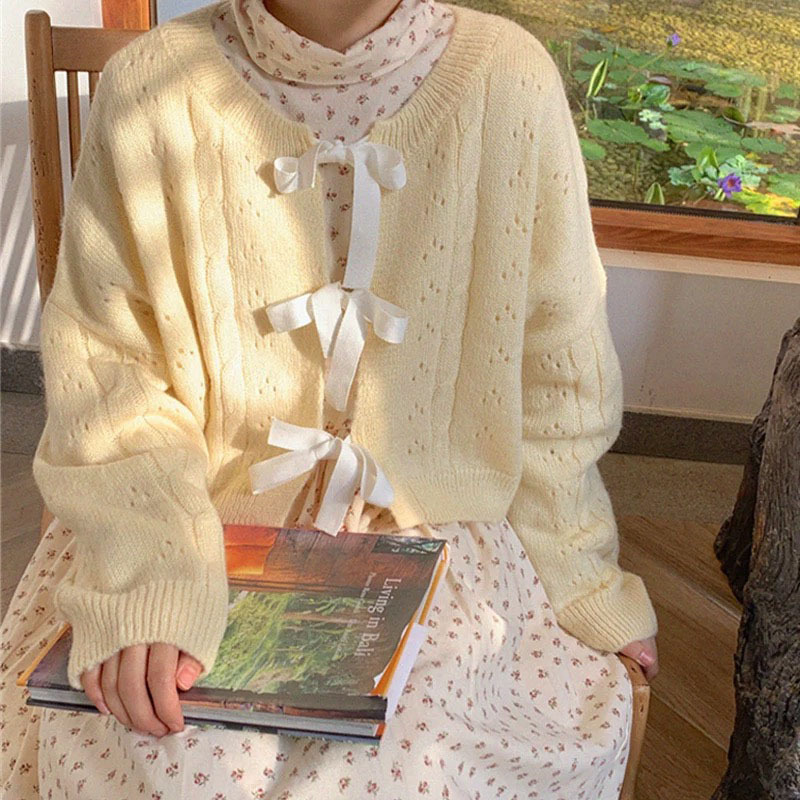 Creamy Yellow Bow Knit Cardigan