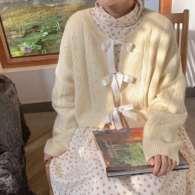 Creamy Yellow Bow Knit Cardigan