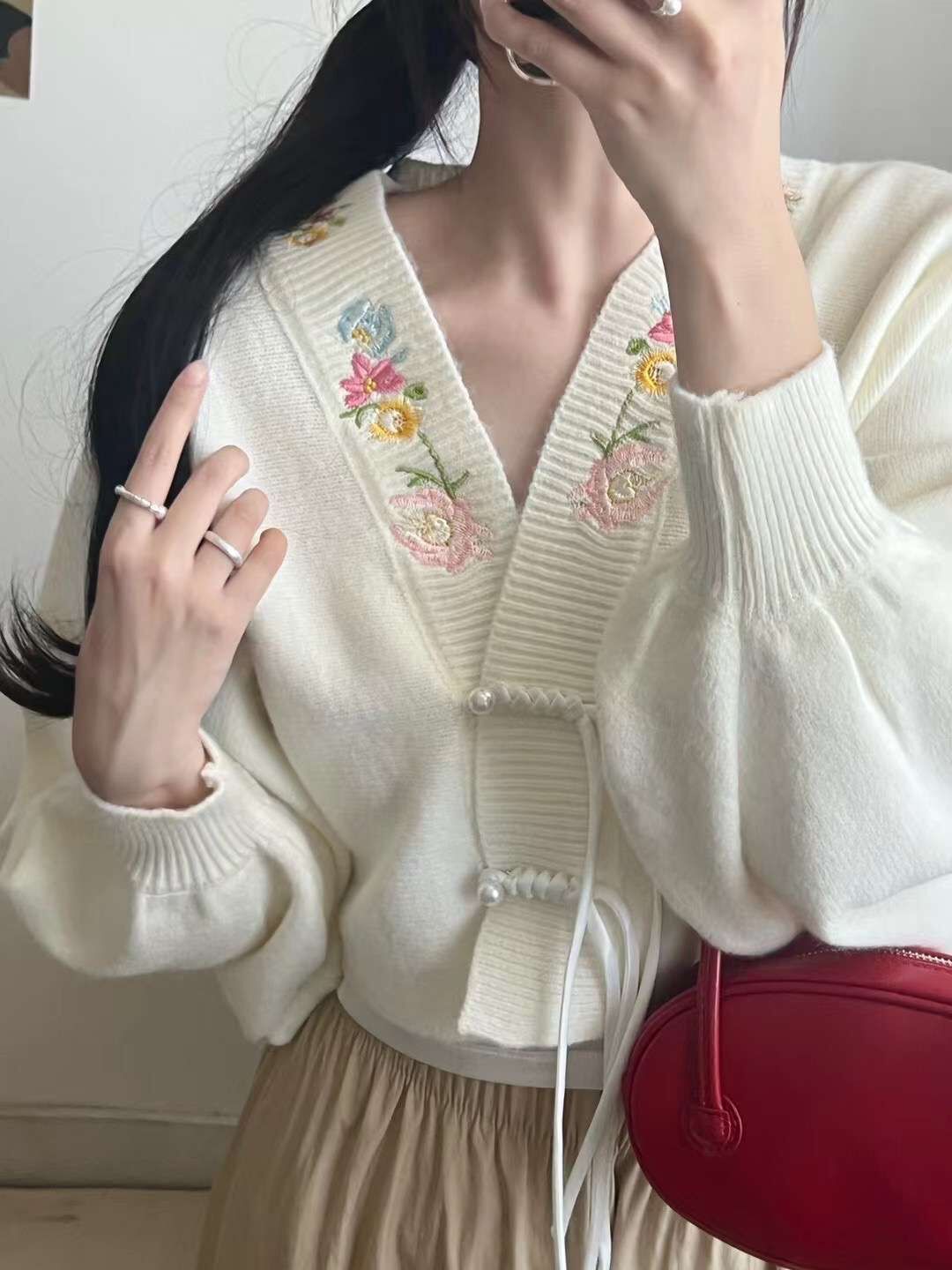 Frog Button Embroidered Floral Cropped Knit Cardigan